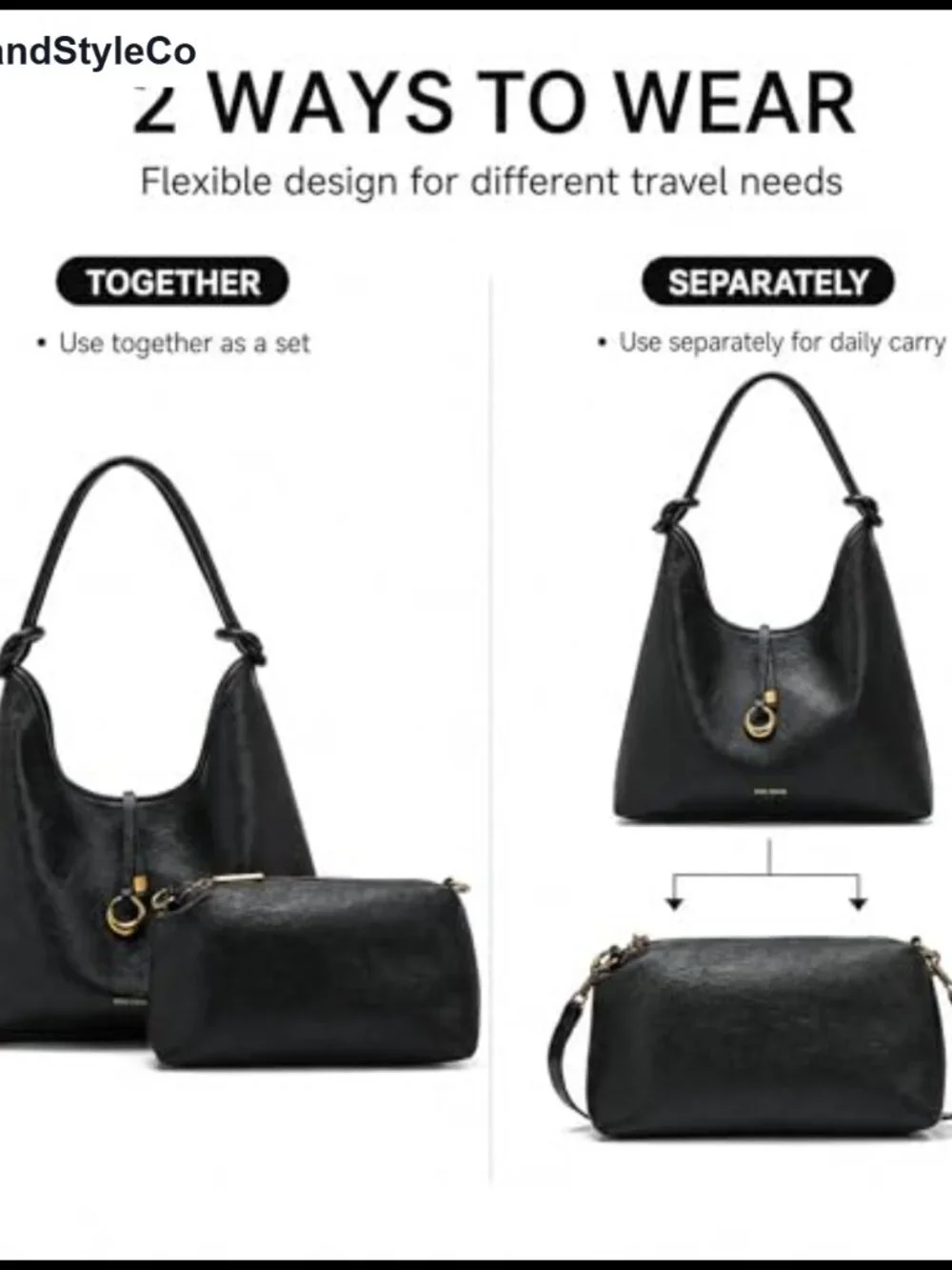 2-in-1 Hobo Bag Set with Detachable Pouch Vegan Leather Women's Shoulder Purse